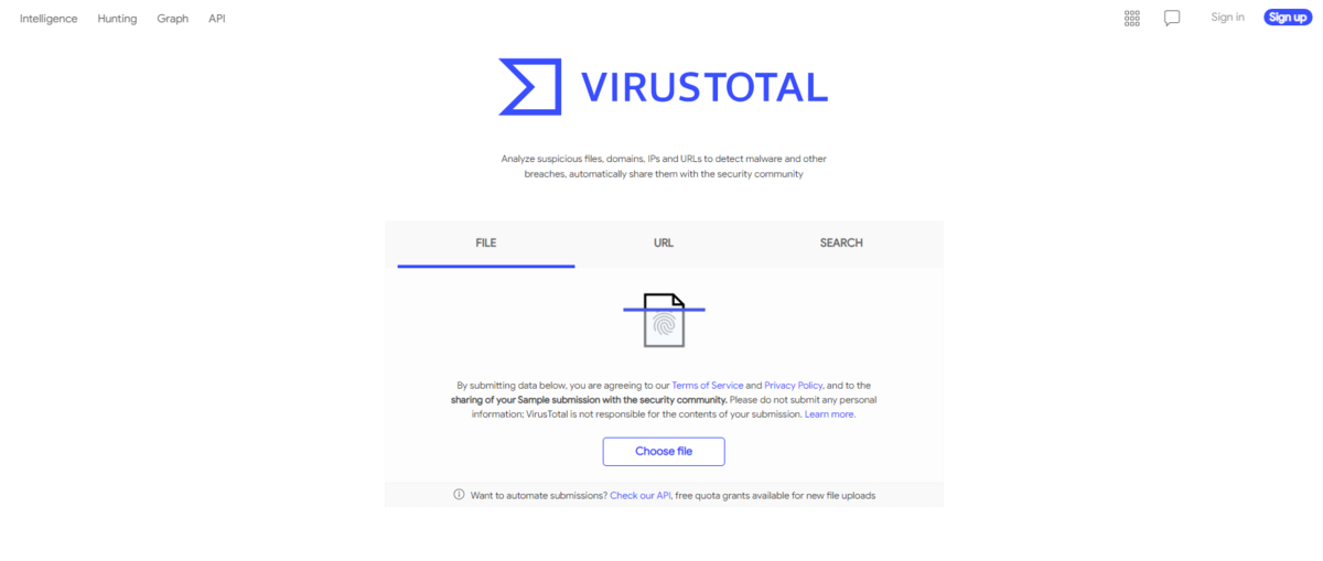 page d'accueil virustotal
