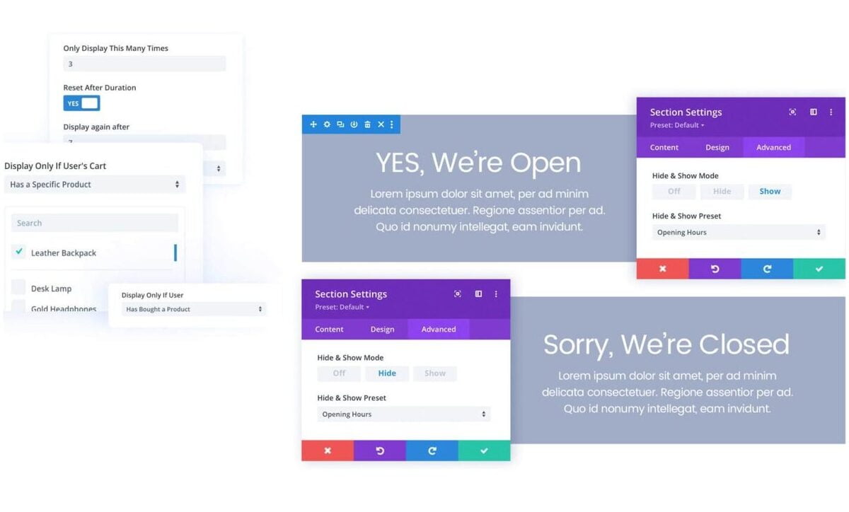 Utilisez des options conditionnelles pour masquer/afficher le contenu de la vente en fonction de l'activité du visiteur