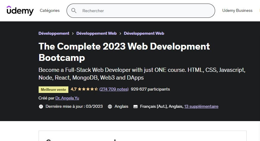 Bootcamp complet de développement Web 2023 d’Udemy