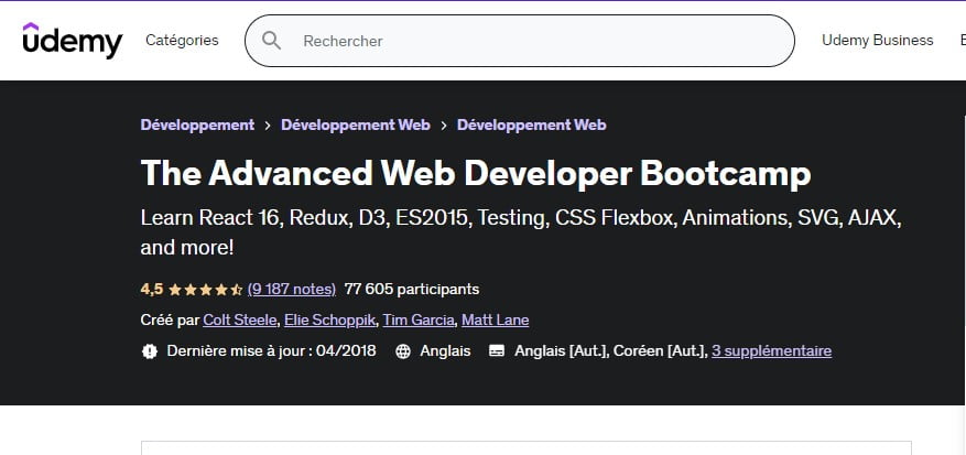 Le Bootcamp du développeur Web avancé sur Udemy