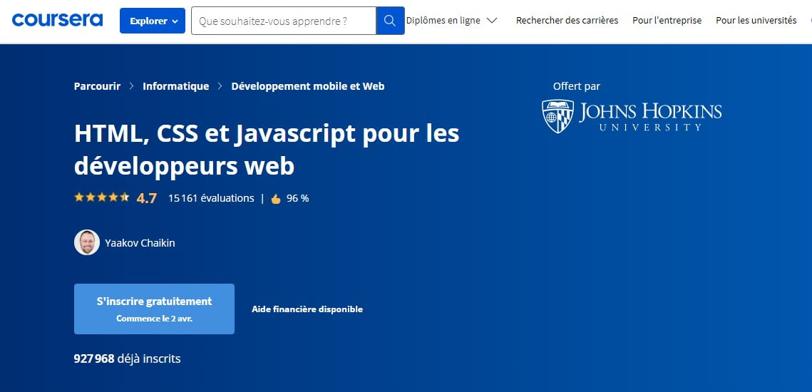 HTML, CSS et Javascript pour les développeurs Web sur Coursera